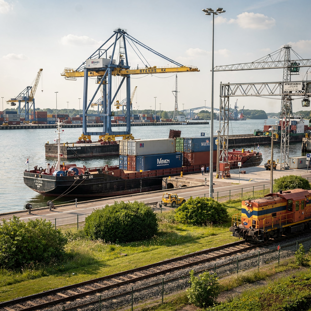 European inland port integrating barge and rail A European inland port with a barge unloading containers to a rail siding, cranes and electric yard equipment visible, green landscaping and clear skies, no text