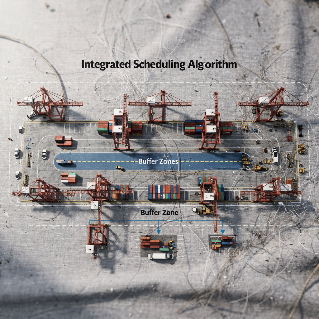 Flow diagram of integrated ASC and AGV scheduling algorithm A conceptual flow diagram showing an integrated scheduling algorithm for container yard operations with cranes, buffer zones, and AGV pickup points, no text or numbers