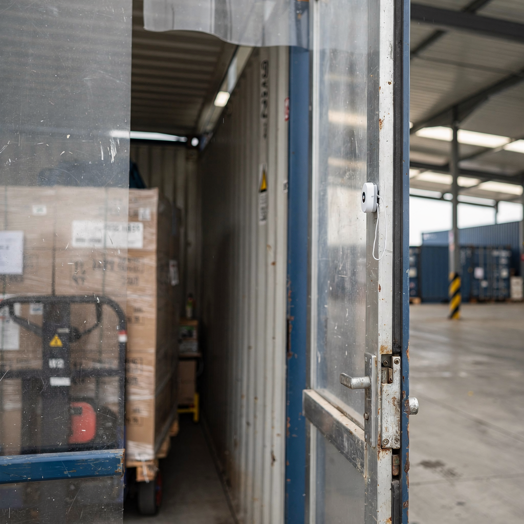 Close-up of a forklift carrying a container within a covered terminal aisle, with a nearby gateway and a small BLE beacon mounted on a container corner (no text or numbers)