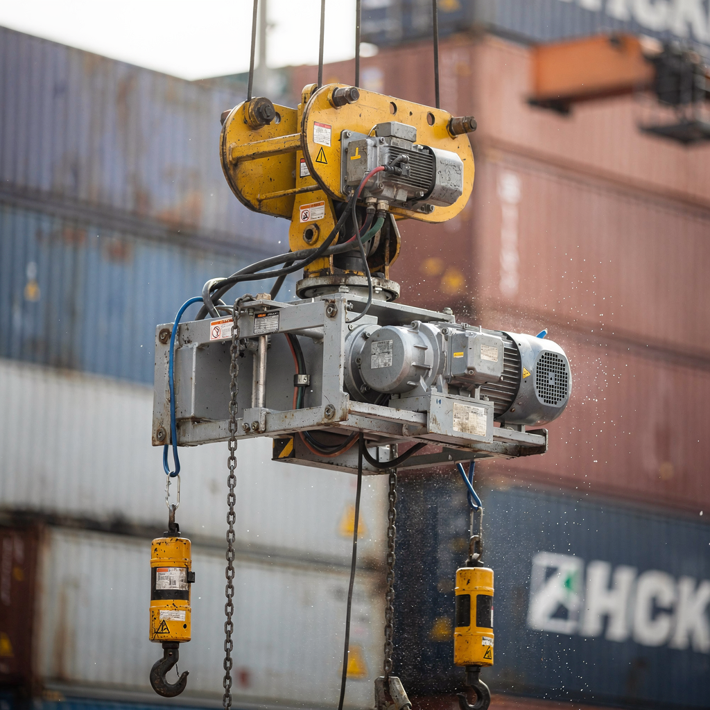 Close-up of a gantry crane hoist assembly with motor, gearbox and sensors in a container handling area, clear industrial setting, no text