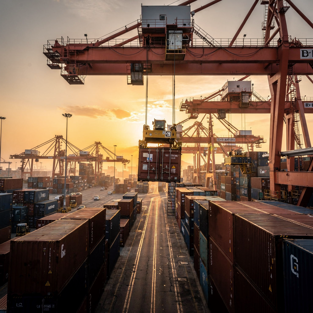 Close-up view of gantry cranes lifting containers over yard blocks at sunset, showing motion and organized rows of stacked containers, no text