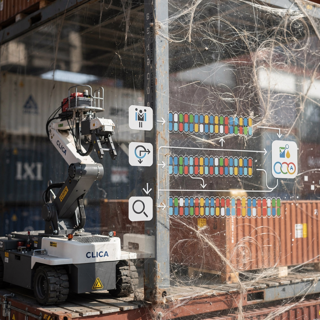 Close-up of a robotic container handler digitally overlaid with a schematic chromosome and genetic operators icons to visualize genetic algorithm scheduling (no text), showing sequence blocks and arrows in a clean technical style