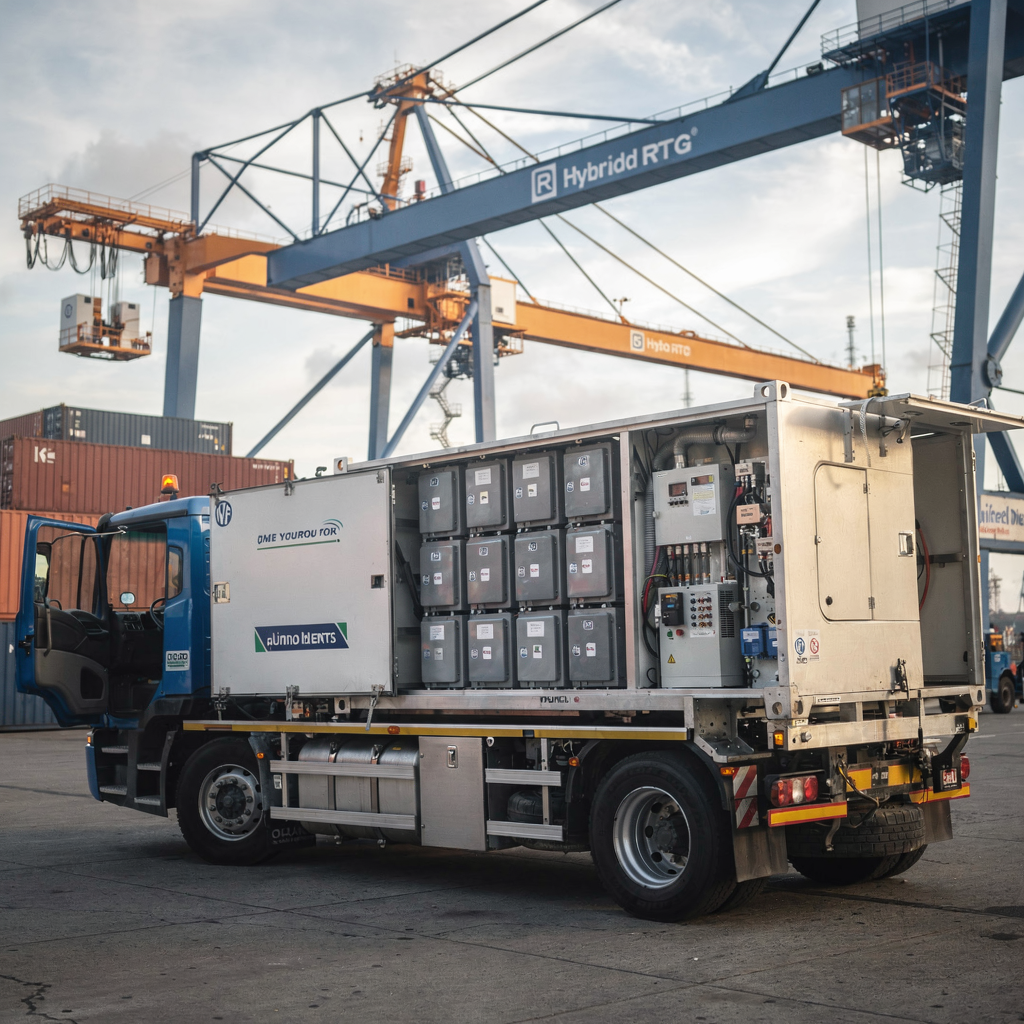 A hybrid RTG crane at a port yard with visible battery modules and a diesel genset compartment open for inspection, photographed in soft daylight, no text or numbers