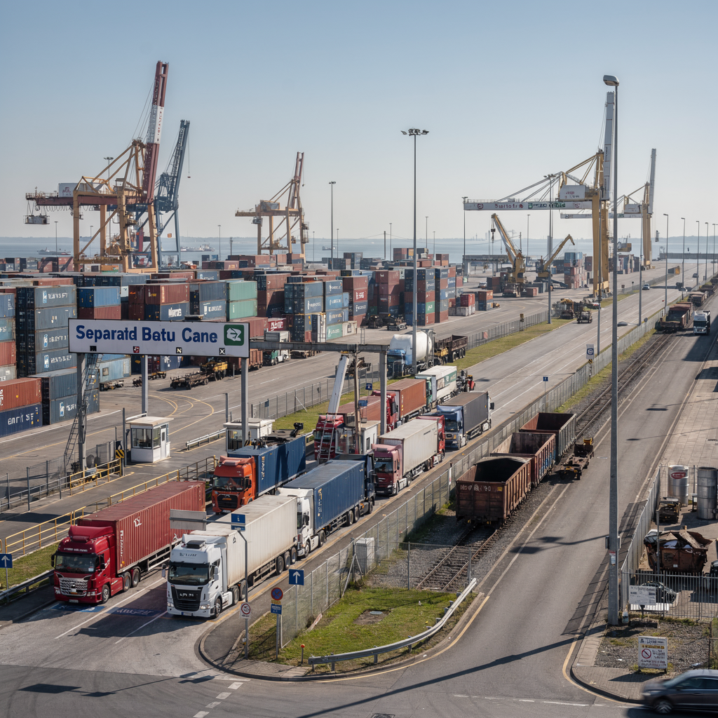 Wide view of an inland container terminal showing trucks lining up at a separated gate lane, cranes working in the yard, and rail wagons being loaded; clear skies and no text