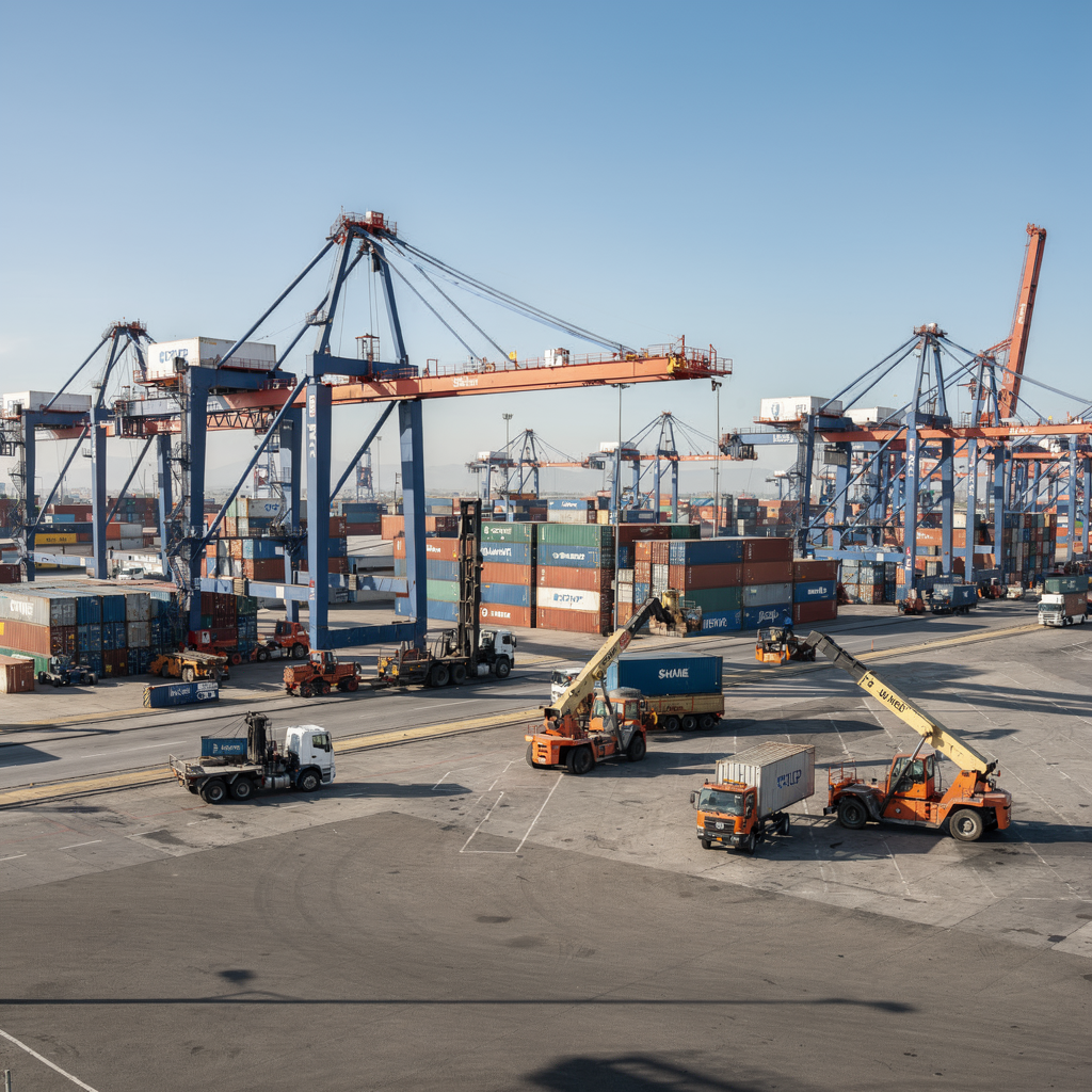 Inland container terminal with cranes and vehicles Wide view of an inland container terminal at day with cranes, reach stackers, trucks and sensors visible on equipment; clear sky, no text