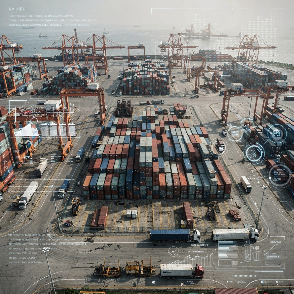 Inland container terminal with digital overlay A wide aerial view of an inland container terminal showing stacked containers, yard cranes, trucks, and a digital overlay of data streams and schematics (no text or numbers)