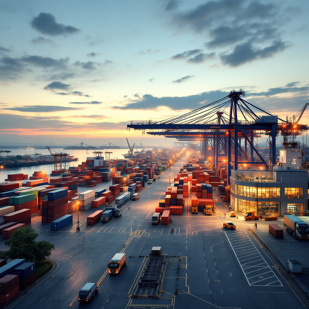 A busy inland container terminal yard at dusk with rows of stacked containers, yard cranes, automated guided vehicles and a central control room building with antenna equipment visible, no text