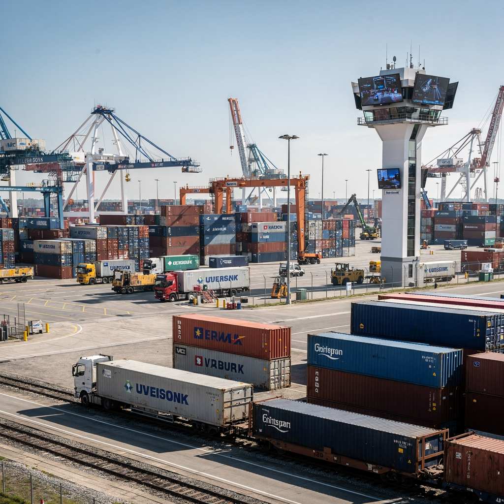 Inland terminal operations with cranes and trucks A bright, modern inland container terminal yard with cranes, trucks, and trains in operation under clear sky, showing organized container stacks and digital screens in a control tower in the background, no text