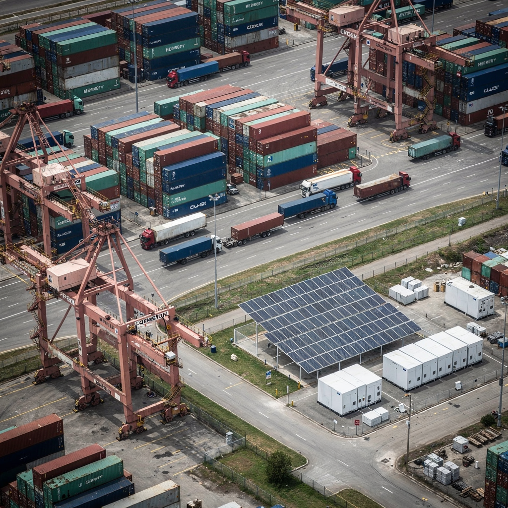 Top-down view of an inland container terminal showing multiple RTG cranes, rectangular stacks of containers, truck lanes, and a small on-site solar array with battery storage units