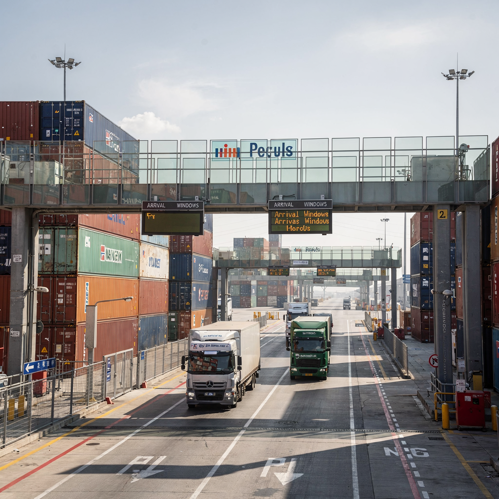 Inland terminal yard with trucks and stacked containers A modern inland container terminal yard with stacked containers, trucks moving through appointed lanes, and digital signage showing arrival windows, clear weather