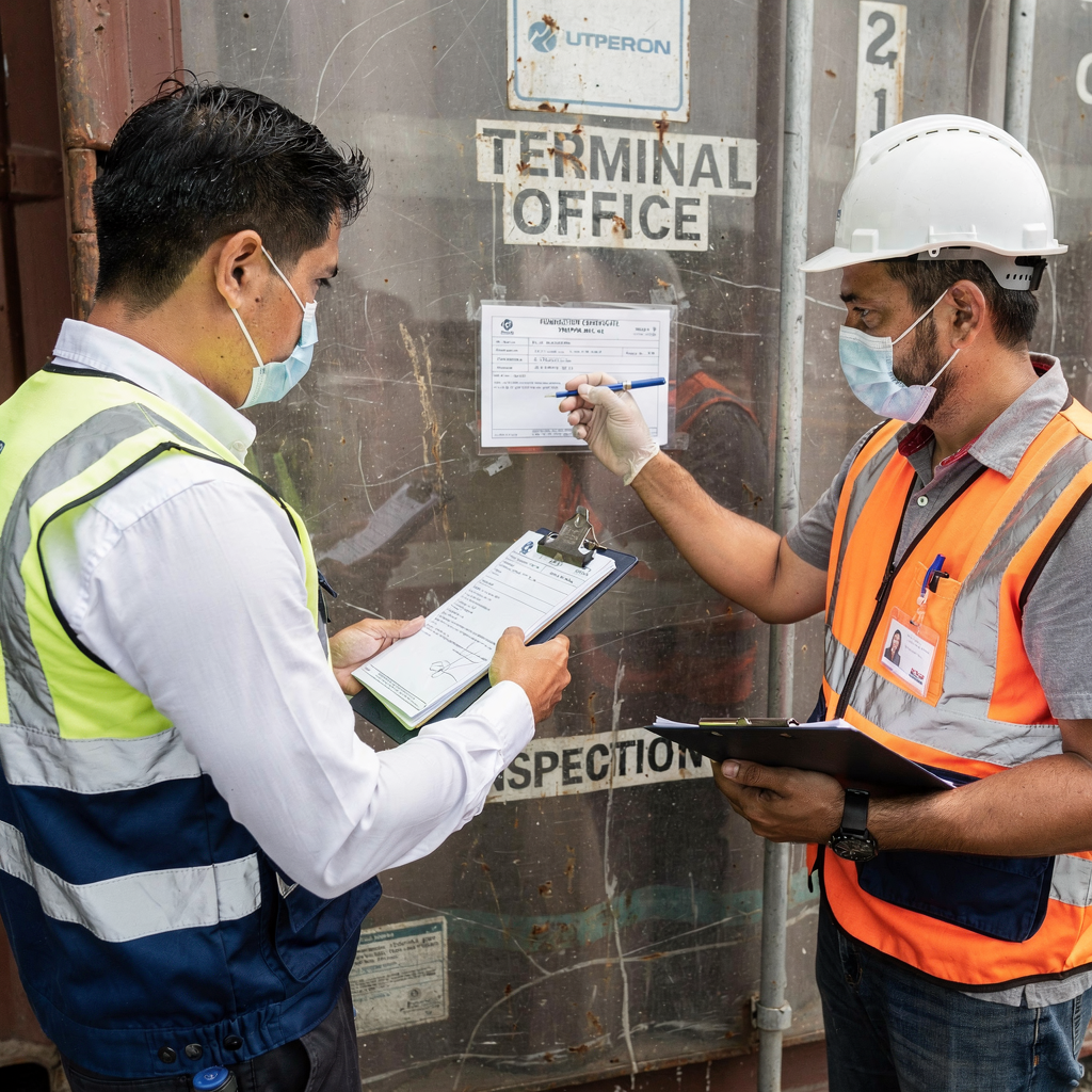 Inspection team verifying a fumigation certificate and markings on a container near a terminal office; visible PPE and documentation on clipboards; no text