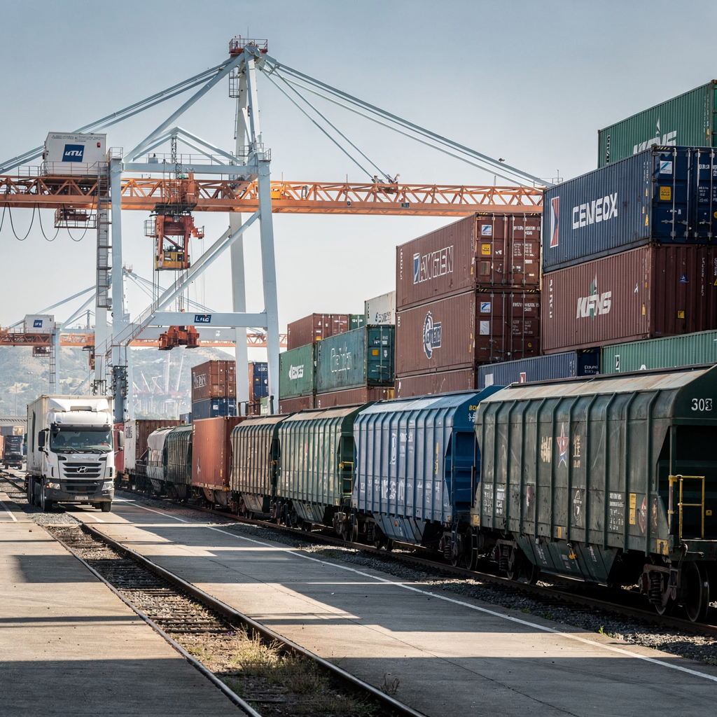 A cross-dock style intermodal hub showing rail wagons adjacent to a container yard with trucks and cranes transferring containers between modes, clear sky, no text