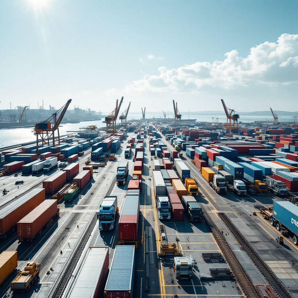 A top-down view of an intermodal hub showing trucks, trains and barges in a coordinated logistics flow with cranes and yard stacks, no text or numbers