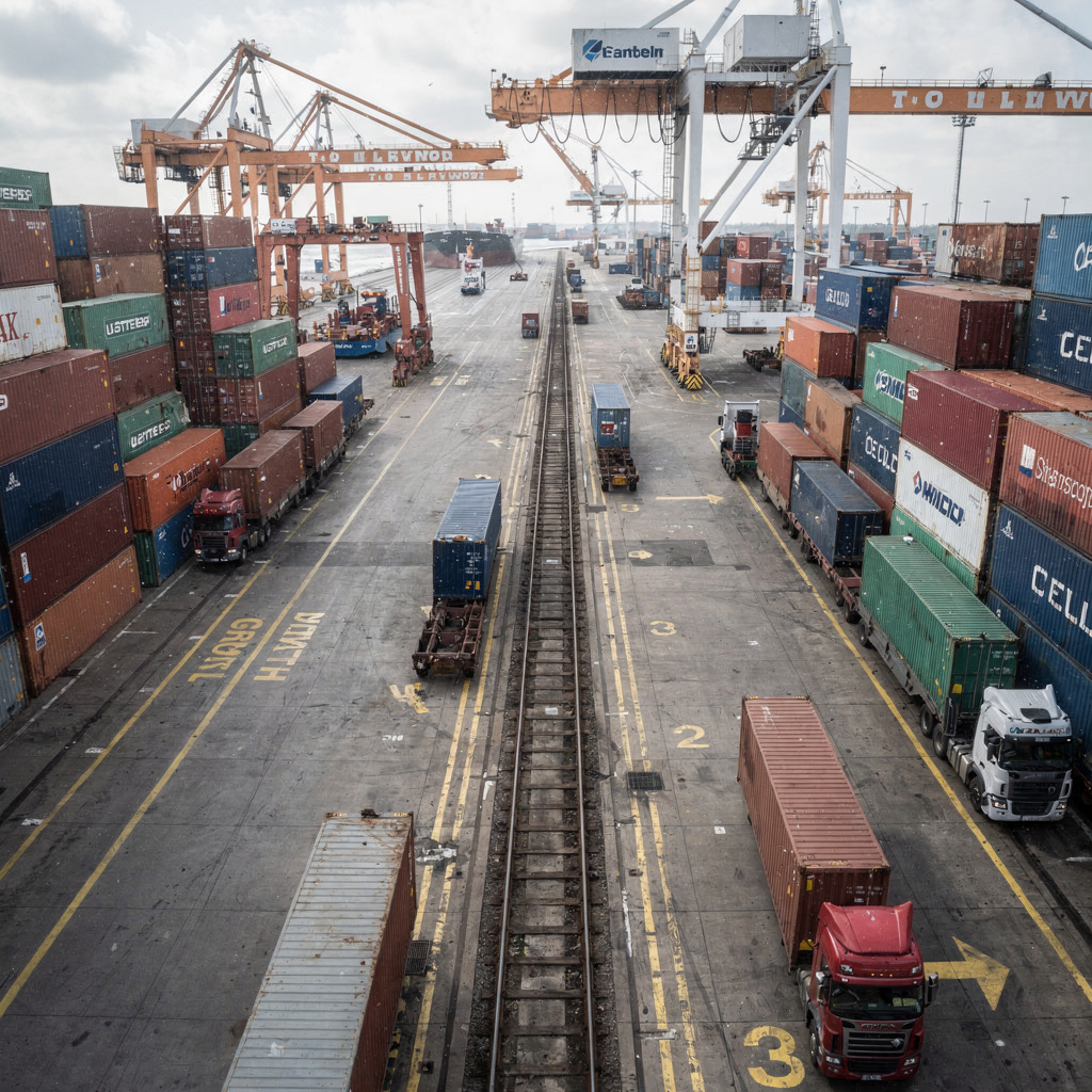 Intermodal transshipment yard with trains and trucks Interior view of a container transshipment yard with intermodal trains, trucks, cranes moving containers, and clearly marked staging lanes for quick outbound transfers. No text or numbers.