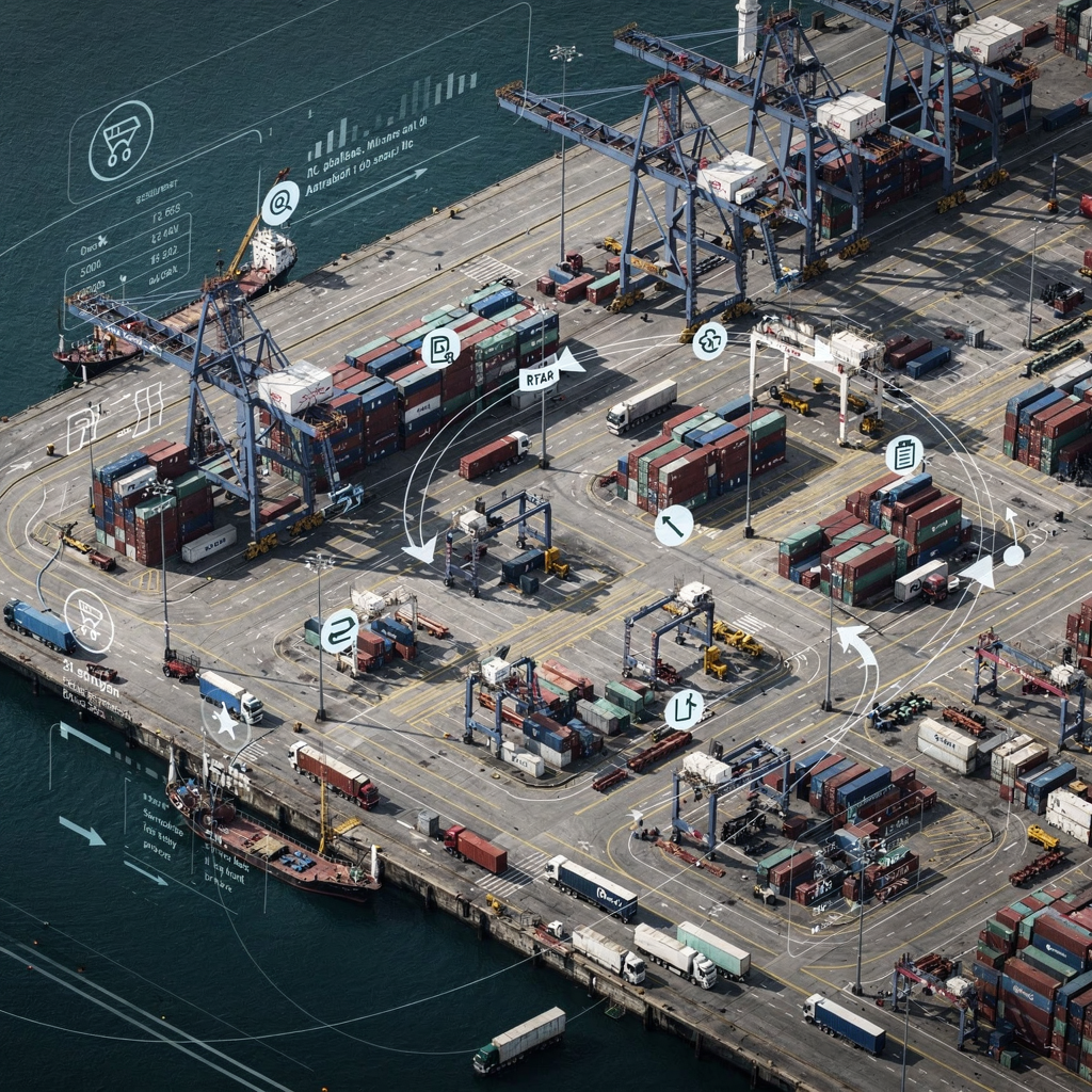 Isometric view of container yard and quay with digital overlay A detailed isometric view of a container yard and quay with cranes, trucks, RTGs, and marked traffic lanes, showing a digital overlay of movement arrows and data points (no text or numbers)