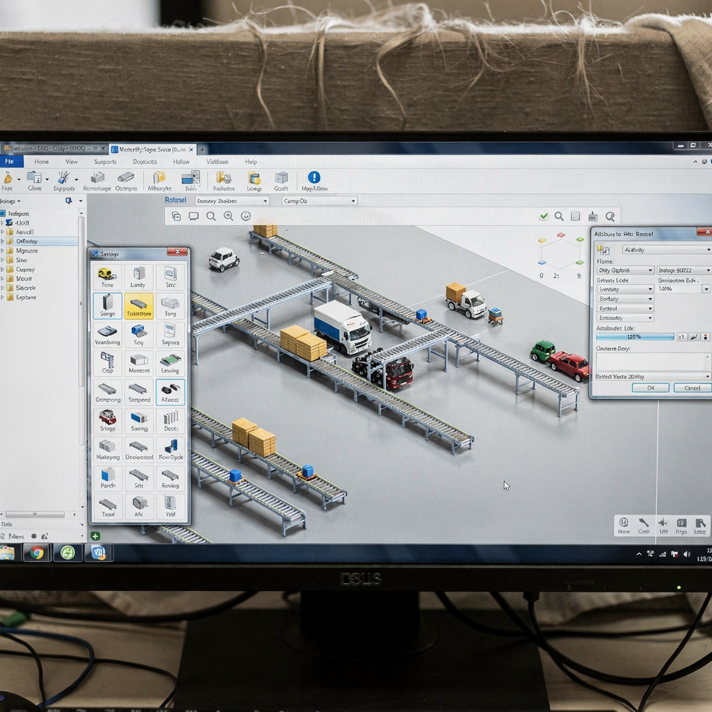 JaamSim drag-and-drop interface with 3D layout and attribute editor A clean desktop view of a simulation user interface showing a drag-and-drop palette on the left, a 3D layout in the center with conveyors and vehicles, and an attribute editor panel on the right