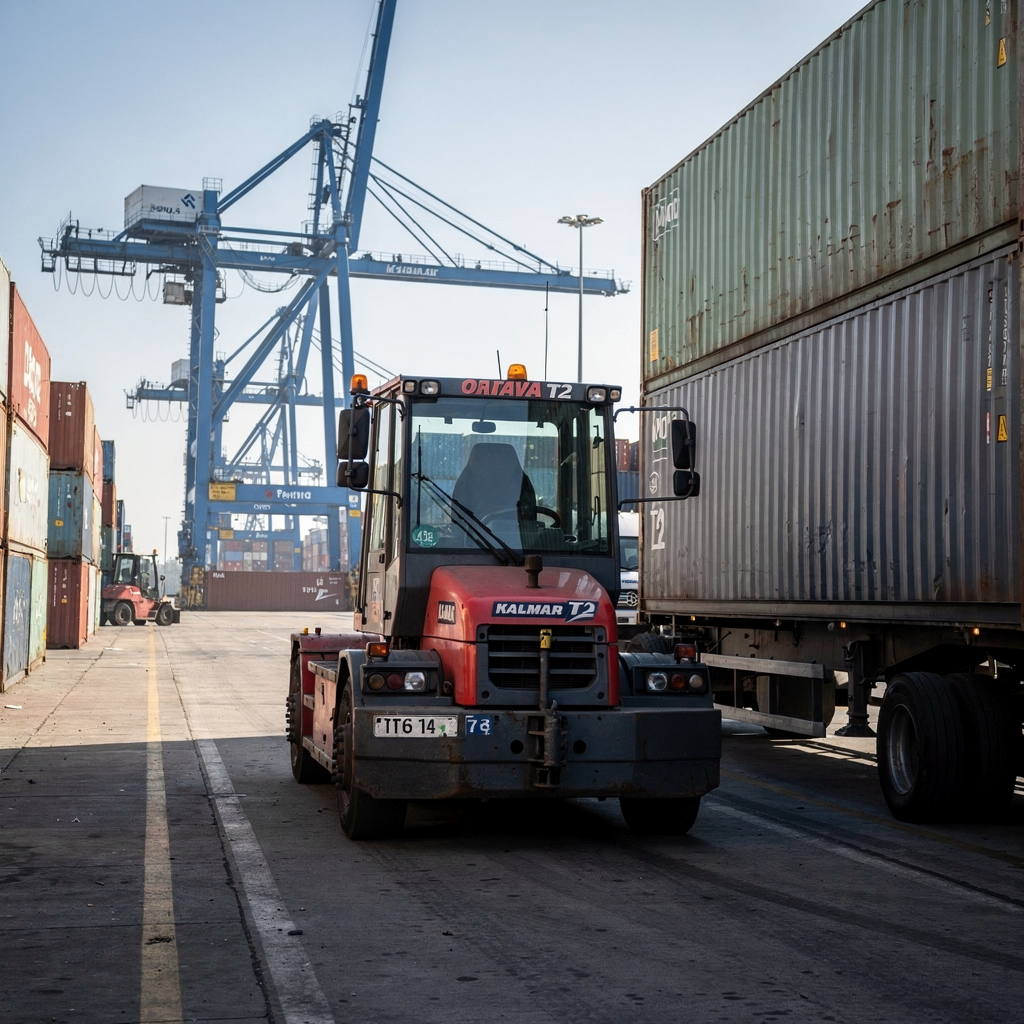 Kalmar Ottawa T2 moving trailer in port yard A port yard scene at midday showing a Kalmar Ottawa T2 terminal tractor moving a trailer between quay and storage with cranes in the background, clear sky, realistic industrial setting