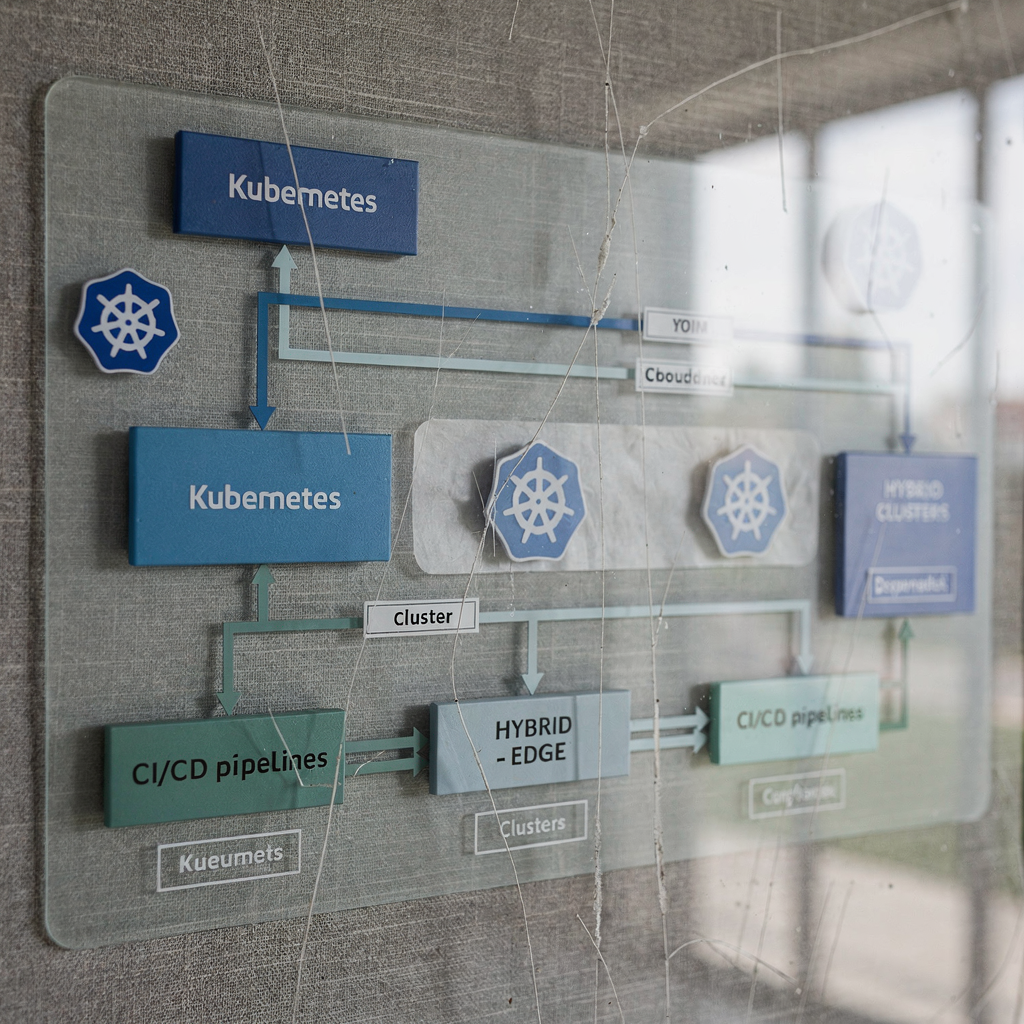 Kubernetes deployment and hybrid cloud diagram A cloud-native deployment diagram showing Kubernetes clusters, CI/CD pipelines, and hybrid edge nodes in calm color tones (no text)
