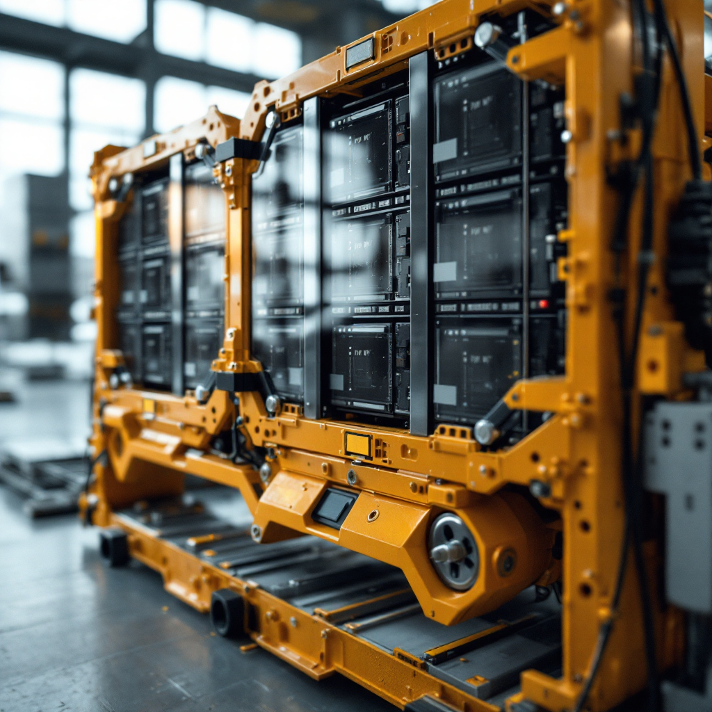 Lithium-ion battery pack in straddle carrier Close-up view of a modern lithium-ion battery pack installed in a straddle carrier, showing cell modules and cooling channels, no text or numbers