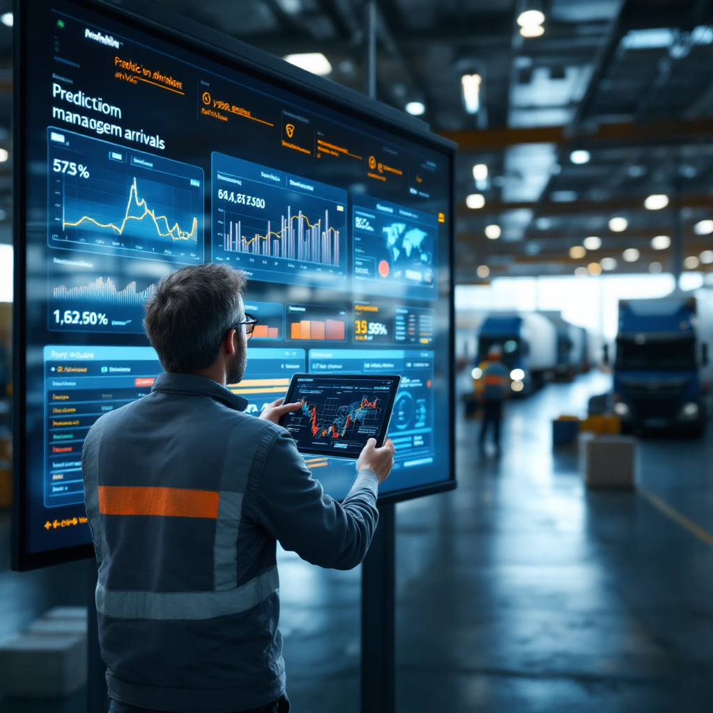 An operations manager reviewing a transportation management dashboard that shows predicted container arrivals, truck queues, and yard maps, with workers and trucks visible in the background (no text or numbers)
