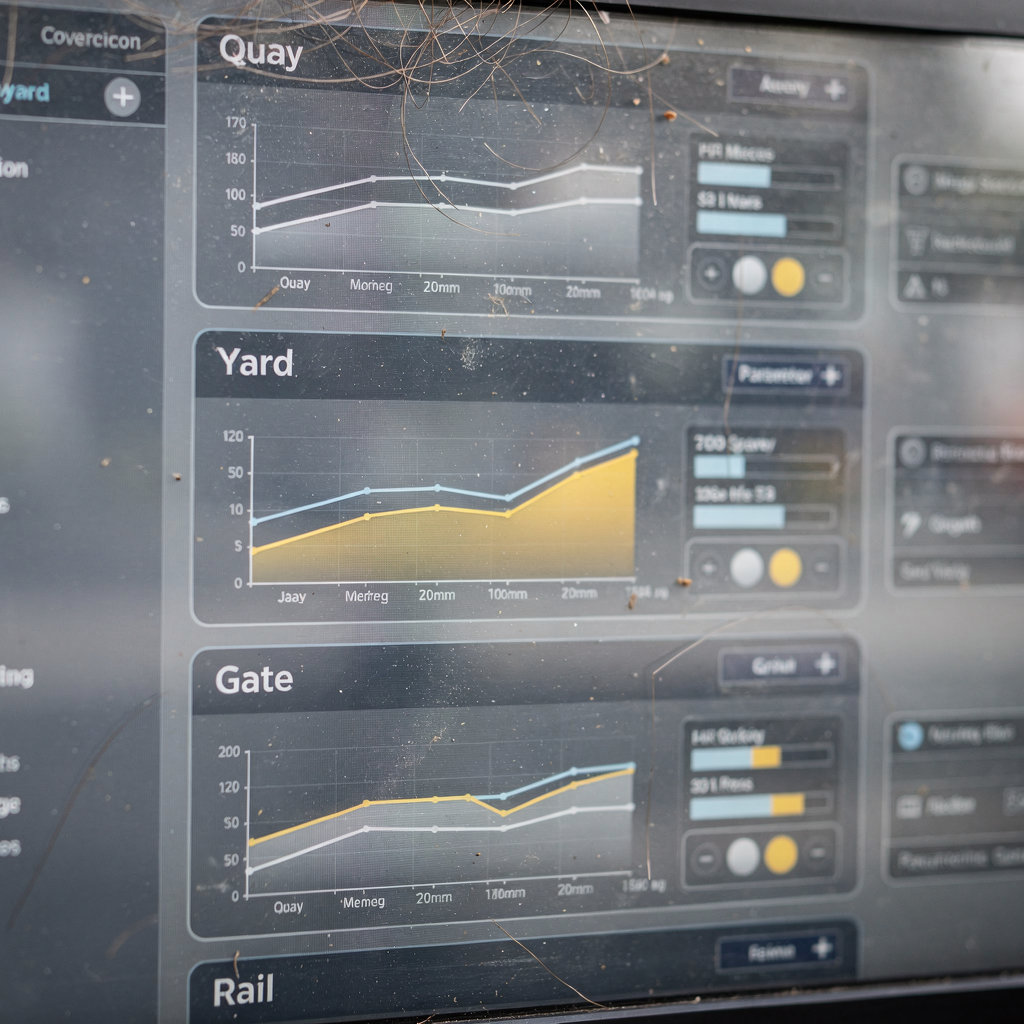 Close-up view of a modular simulation dashboard showing stacked modules for quay, yard, gate, and rail with graphs and parameter controls, modern UI aesthetic