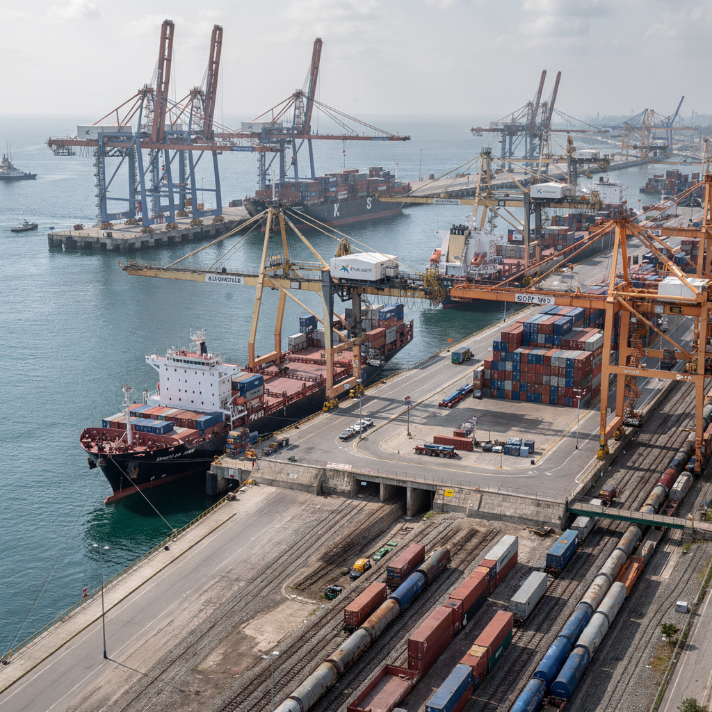 A complex port terminal showing multiple berths, quay cranes working different ships, and yard cranes stacking containers with adjacent rail wagons. No text on image.