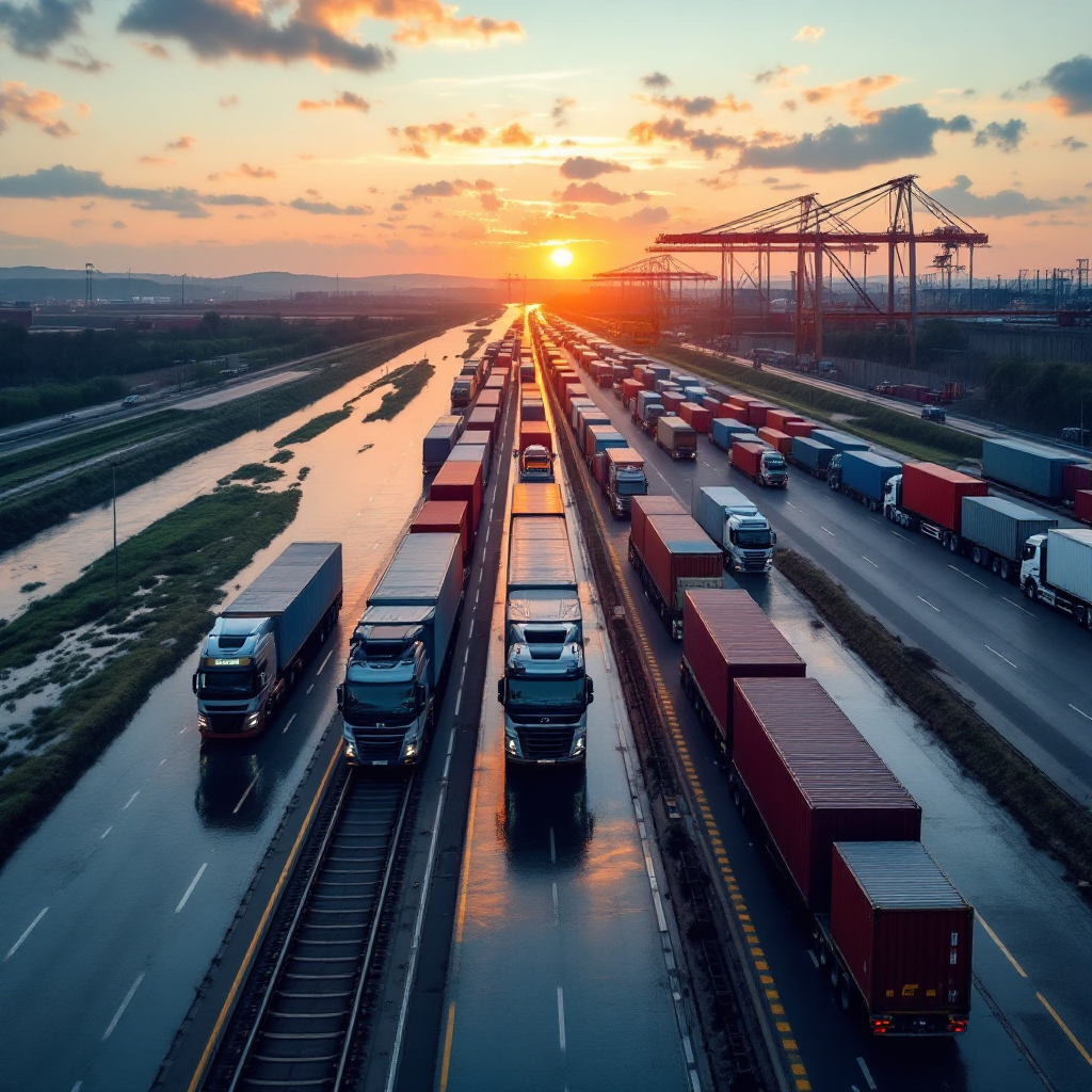 A high-resolution image of a fleet of mixed-mode transport: a freight train, a barge on a river, and trucks lined up near an inland container depot, showing multimodal logistics infrastructure, no text or numbers