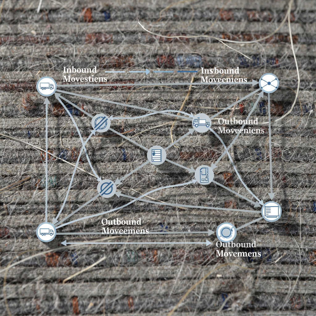 Schematic diagram showing a network representation of a container yard with nodes, edges, and flow lines that indicate inbound and outbound container movements