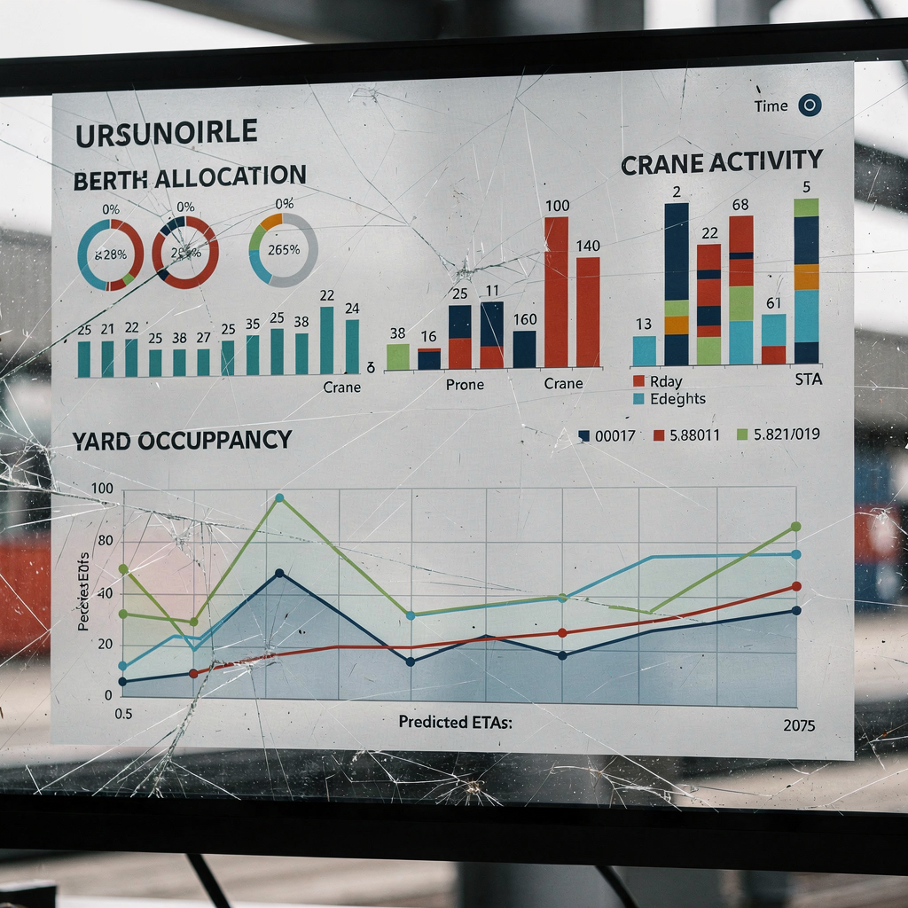 A dashboard-style visualization showing berth allocation, crane activity bars, yard occupancy heatmap and time-series of predicted ETAs, rendered in a modern infographic style (no text)