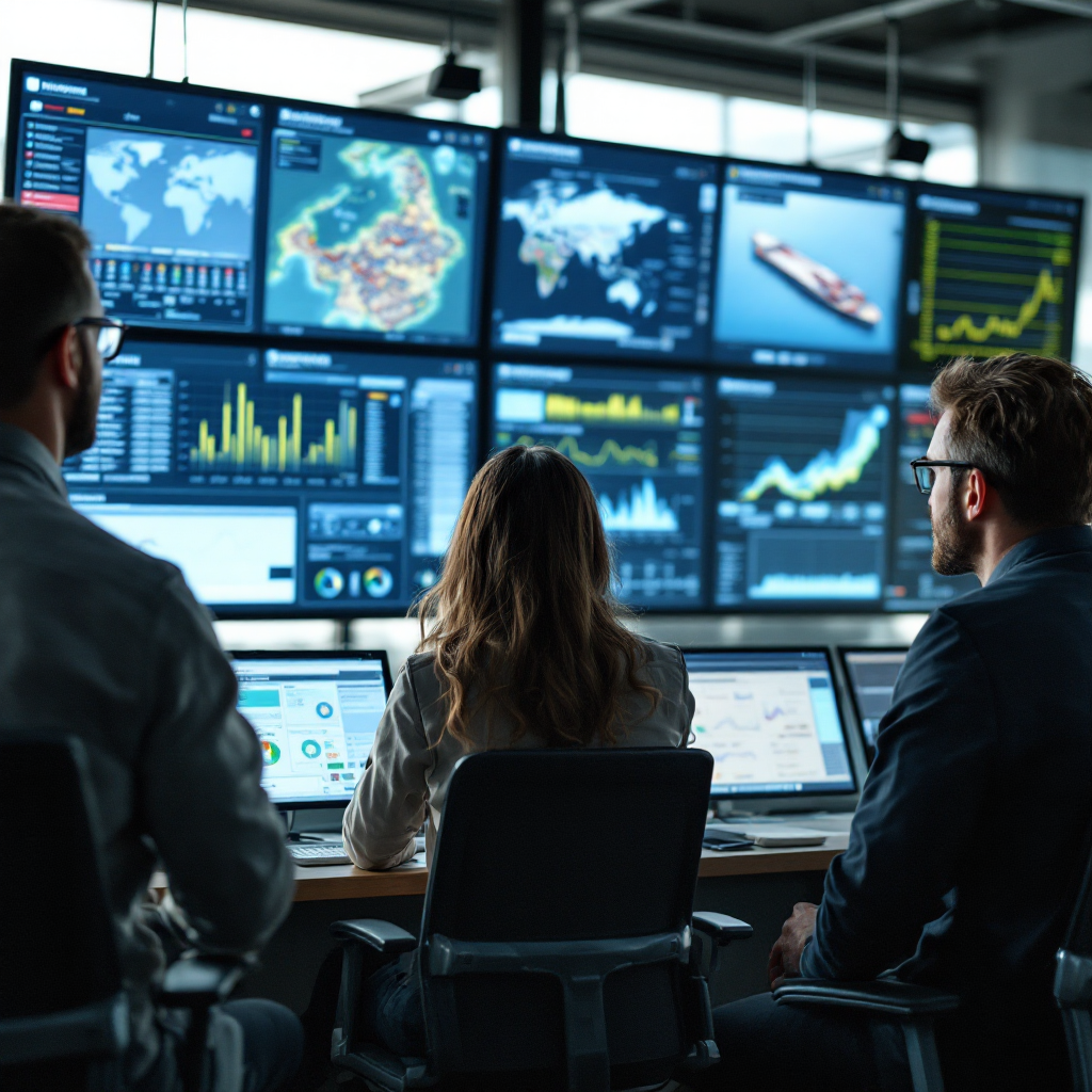Engineers and planners viewing a large operations dashboard in a control room with screens showing vessel schedules, yard maps and predictive charts