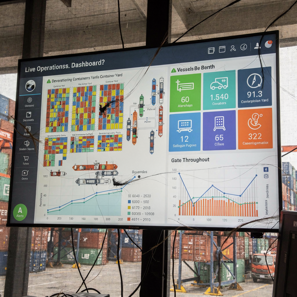 Operations dashboard with yard heatmap and KPIs A live operations dashboard on a large screen showing container yard heatmaps, vessel berths, and gate throughput graphs. The interface highlights alerts and KPIs with clean icons and color-coded sections.