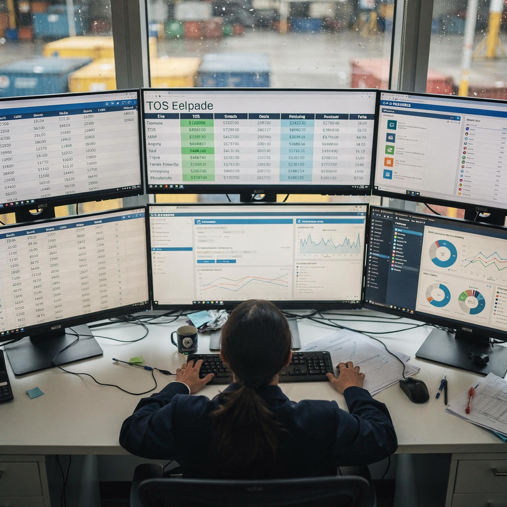 An overhead view of an integrated operations room showing multiple screens with berth schedules, TOS displays, and ERP dashboards, with staff collaborating (no text or numbers).