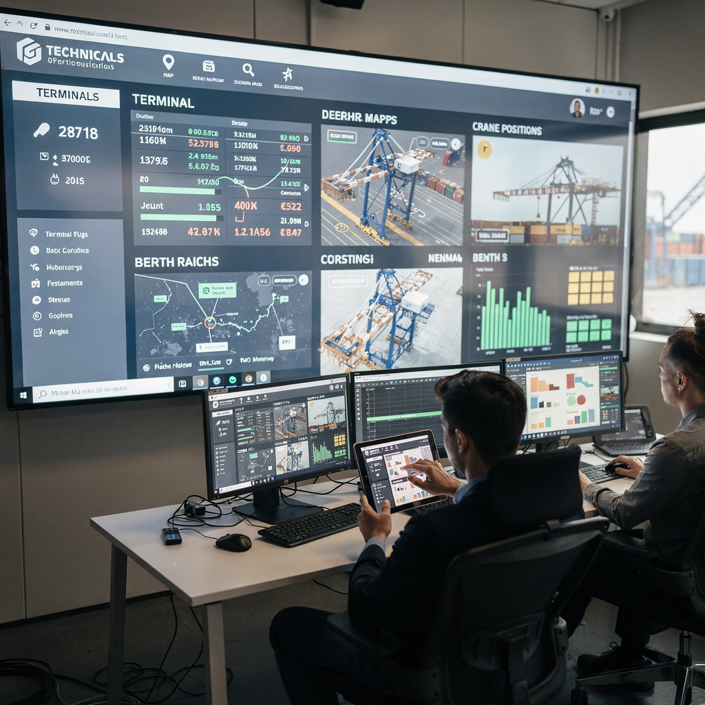 Operations room with terminal dashboard and real-time metrics A technical operations room showing a large wall-mounted dashboard with terminal metrics, berth maps, crane positions, and real-time alerts; staff use tablets and touchscreens (no text or numbers)