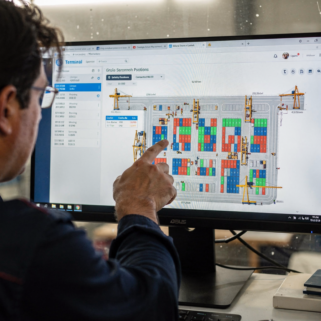 A focused computer screen showing a virtual terminal dashboard with schedules, crane positions and color-coded yard stacks in a clean UI, with a human operator pointing at the screen