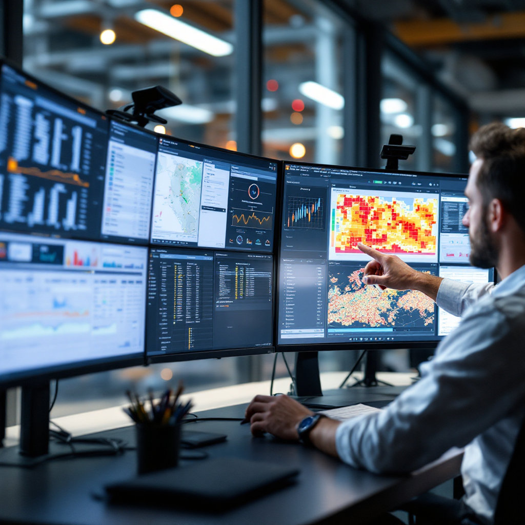 Close-up of terminal operators monitoring multiple screens showing yard maps, scheduling dashboards, and live telemetry, with operators pointing to a predicted occupancy heatmap