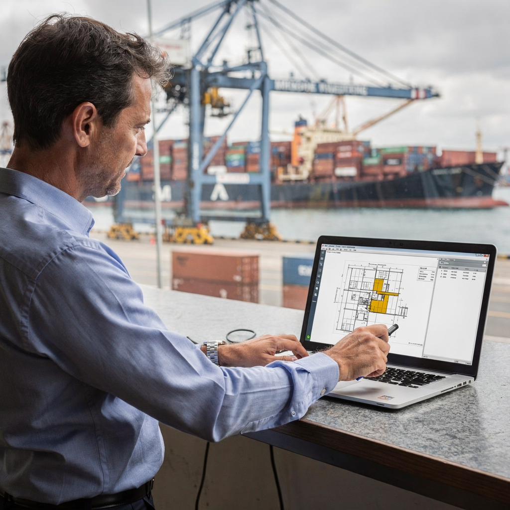 Engineers reviewing a digital stowage plan on a laptop beside a quay crane, with a container ship in the background, no text or numbers