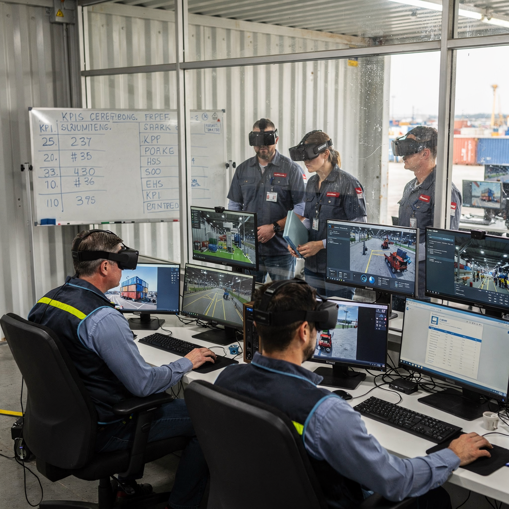 A training room at a container terminal showing operators using AI-driven simulators and virtual reality headsets, with a whiteboard of KPIs and a small crew discussing scenarios