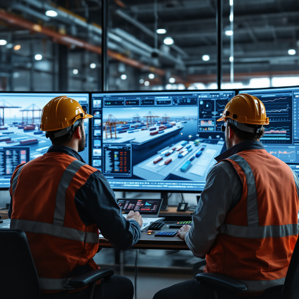 Engineers and operators reviewing a digital twin dashboard showing a 3D terminal layout, cranes, container stacks and charts on screens in a control room