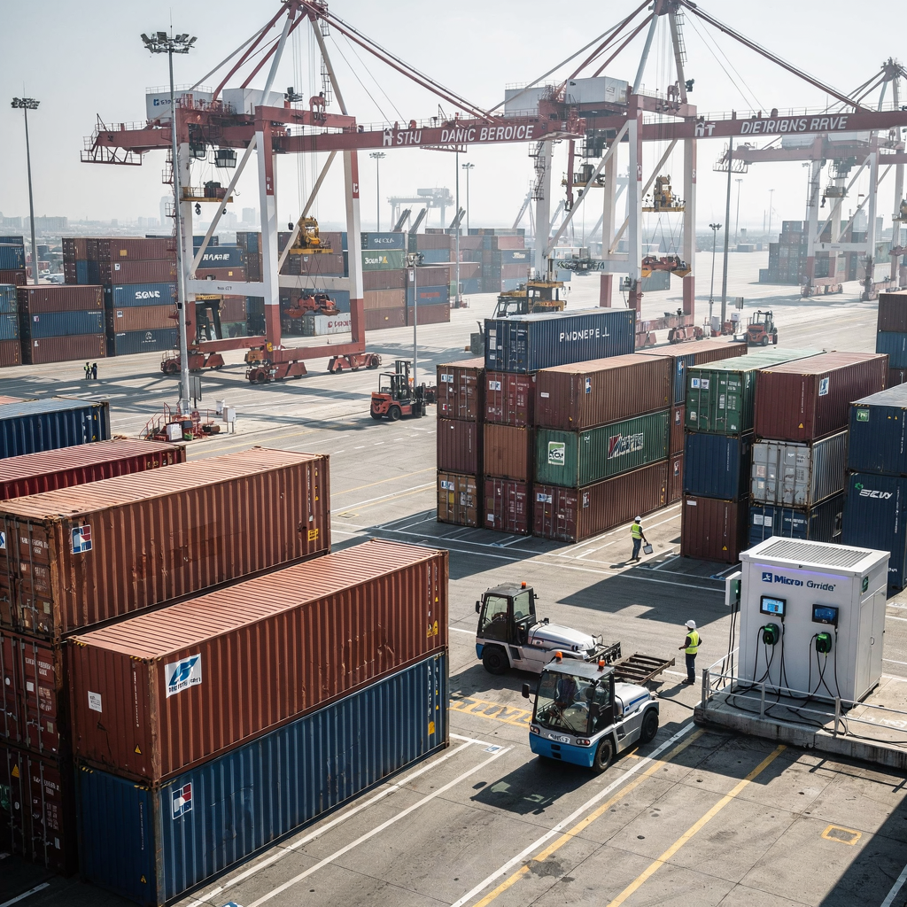 Workers and automated cranes coordinating in a container terminal yard with clear lanes, optimized container stacks, and electric yard tractors charging at a microgrid station; no text
