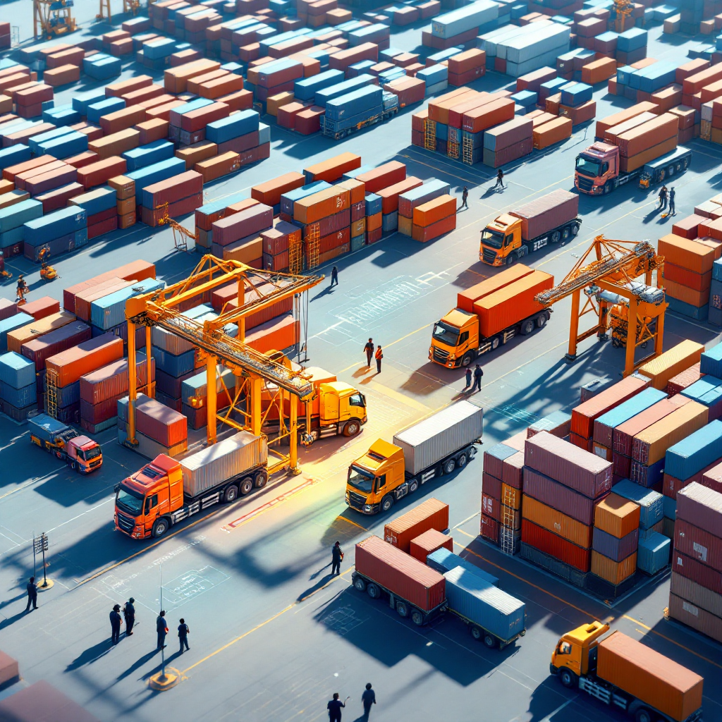 A detailed, photorealistic illustration of a container yard showing optimized stacking, automated cranes, trucks queuing at an optimized gate, and a digital overlay indicating throughput metrics and berth allocation