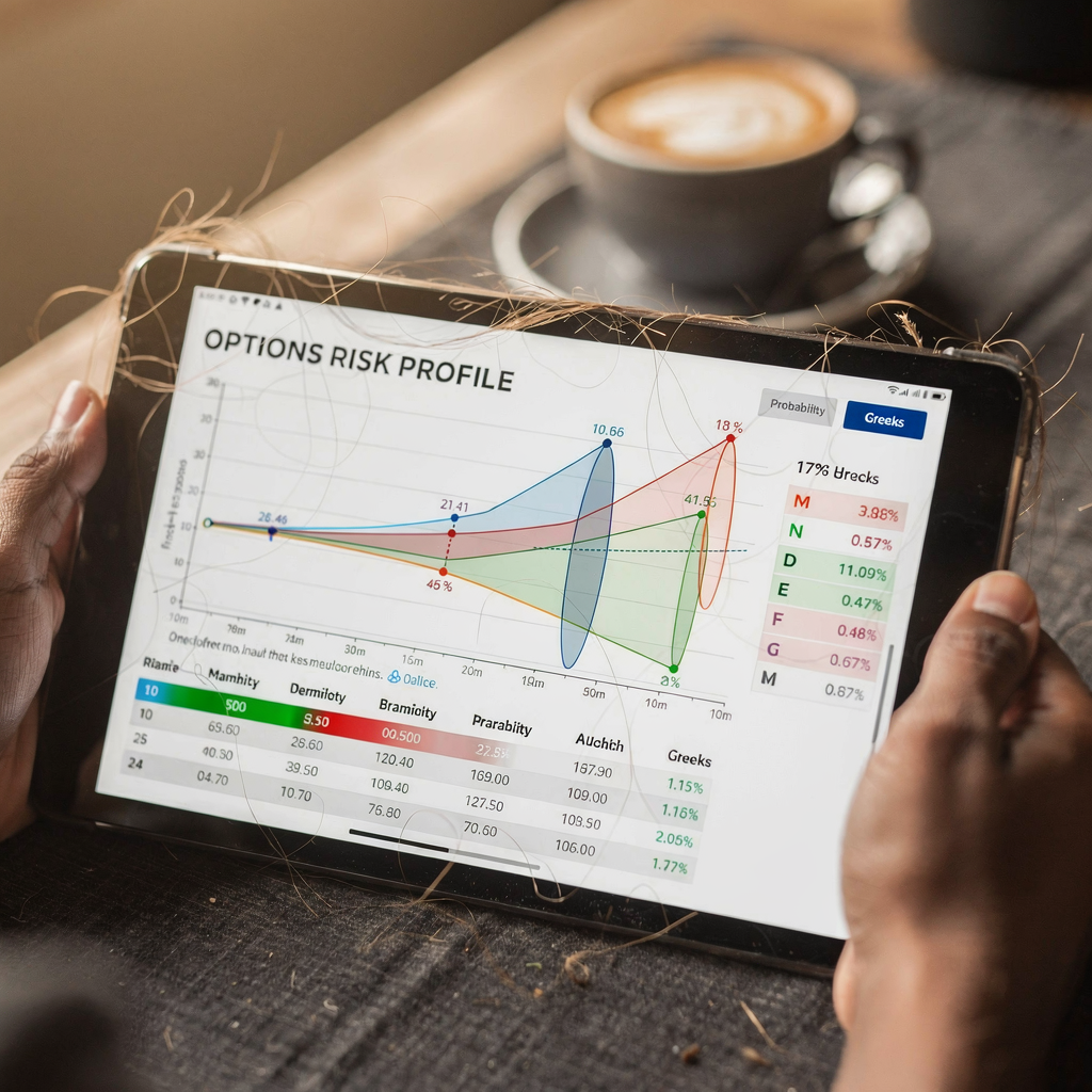 A close-up of a tablet showing an options risk profile graph, probability cones, and greeks overlays, with a blurred coffee cup in the background; warm tones, no text
