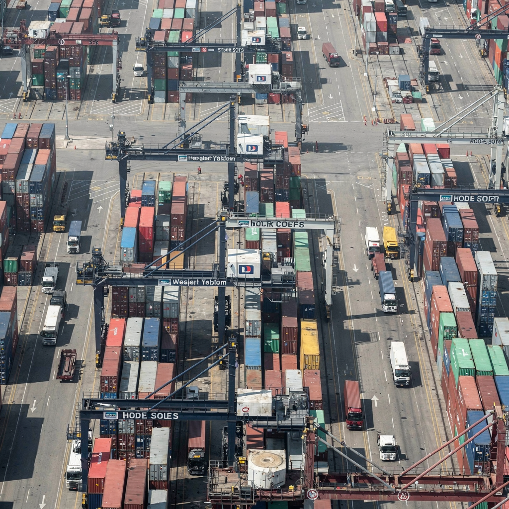 Organized container yard with equipment A busy terminal yard with stacked containers, RTGs and trucks moving, overhead shot showing organized slot layout and dynamic signage, no text