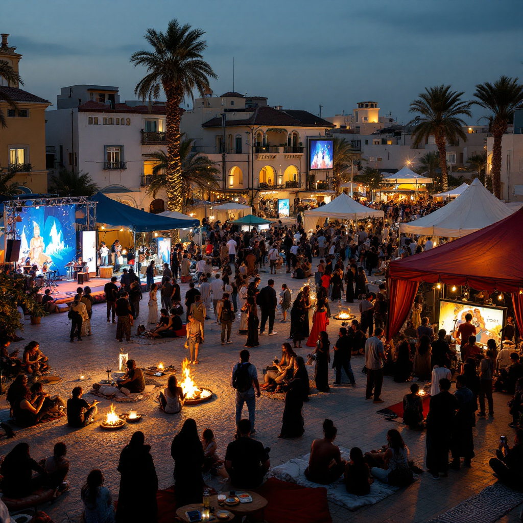 A bustling outdoor cultural event at night in a Middle Eastern city square, with small stages, street art, and groups of young people enjoying live performances