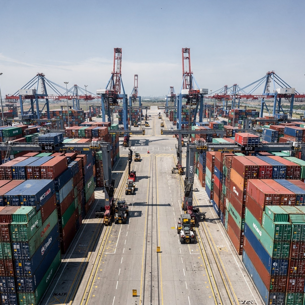 A modern automated container yard seen from above, showing perpendicular storage blocks, automated stacking cranes, AGVs and neatly arranged container stacks, under clear sky