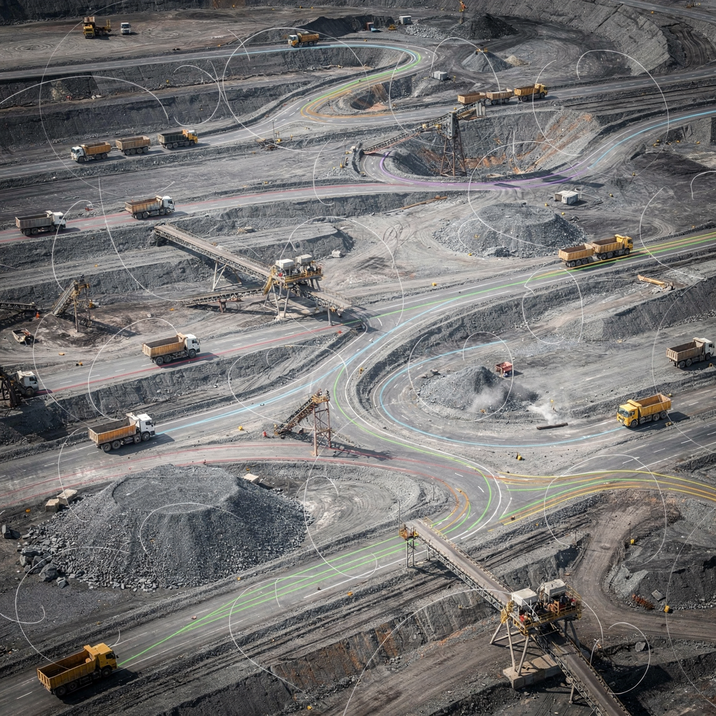 Overhead view of haulage routes with trucks and conveyors An overhead view of multiple haulage routes across a mining site showing trucks, conveyors, and route overlays, with color-coded traffic flows. No text or numbers.