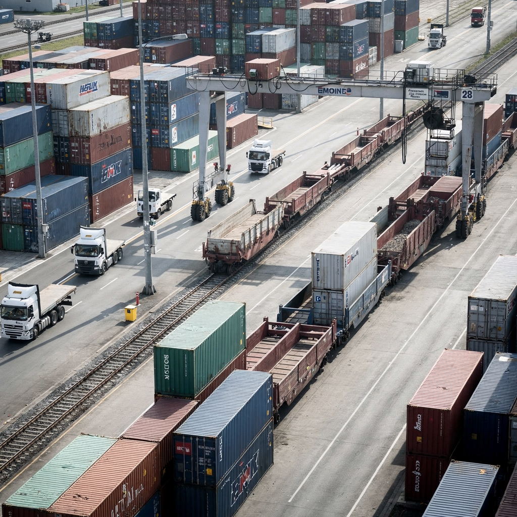 Overhead view of inland container yard with cranes and rail wagons A modern inland container terminal yard viewed from above showing stacked containers, rail tracks with freight wagons, cranes, and trucks moving container boxes, clean industrial lighting and clear lanes, no text or numbers
