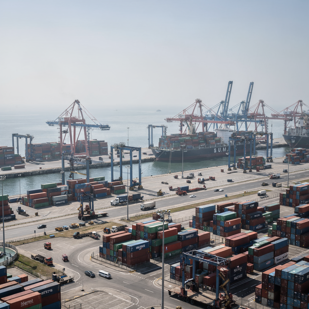 A high-resolution panoramic view of a modern container terminal showing multiple berths, quay cranes, container stacks, and terminal vehicles under clear sky, from a slightly elevated angle