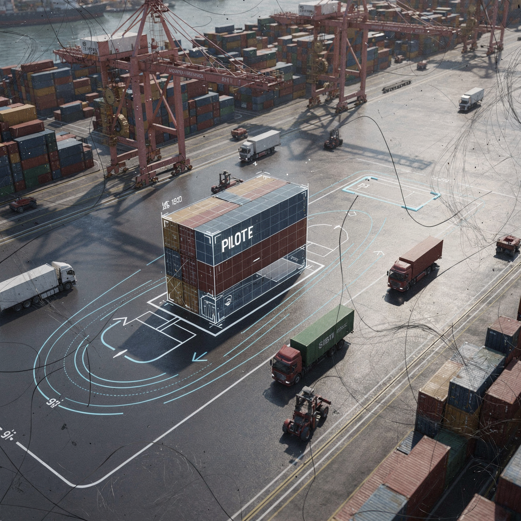 Pilot block simulation overlay at a container terminal High-angle photo-like illustration of a container terminal pilot area with cranes, trucks, and a marked pilot block overlaid on a simple schematic, showing digital simulation overlays and movement lines (no text or numbers)