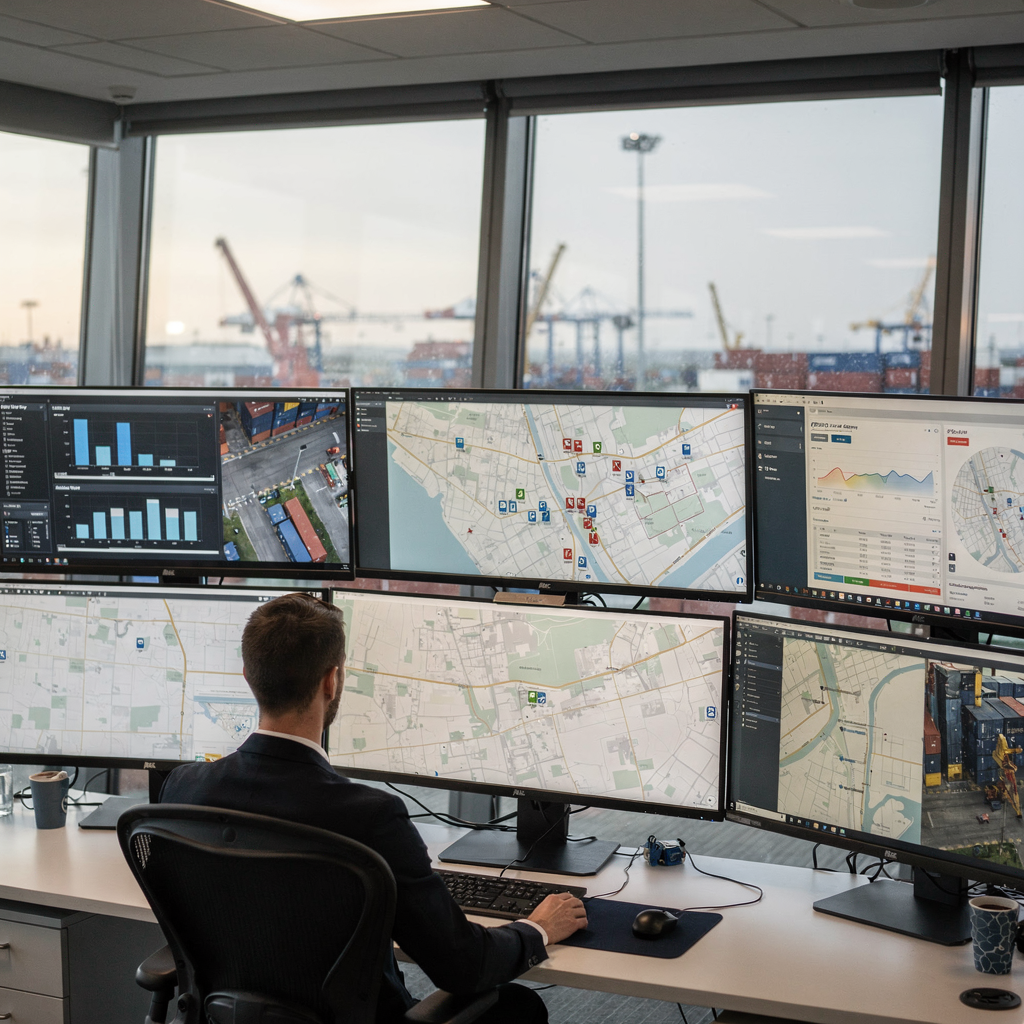 Inside a modern port control room showing operators using large screens with maps, asset locations and analytics dashboards, calm professional environment