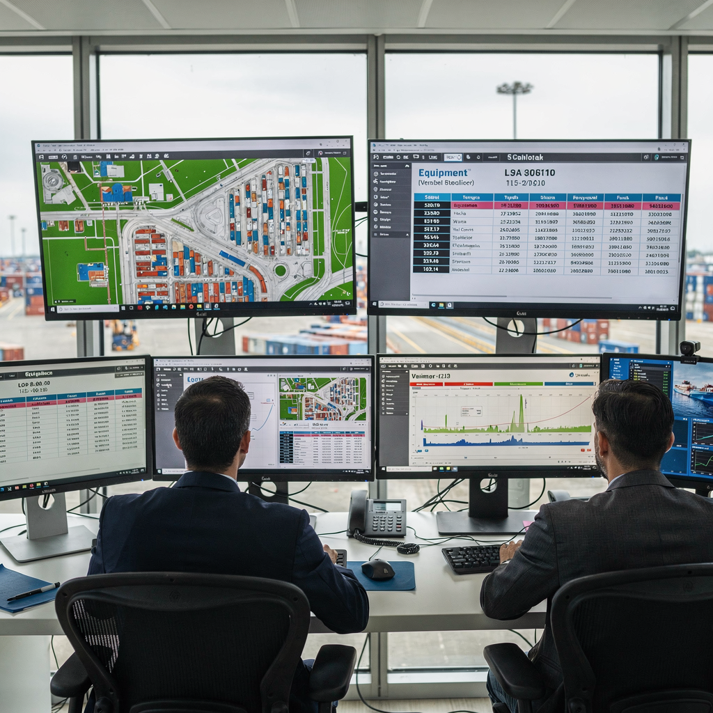 Port control room with digital yard maps A modern port control room with operators looking at large digital screens showing yard maps, vessel schedules, and equipment telemetry, bright but realistic lighting, no text or numbers